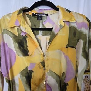 French Connection Yellow/Green Long Sleeve Shirt Dress Size M